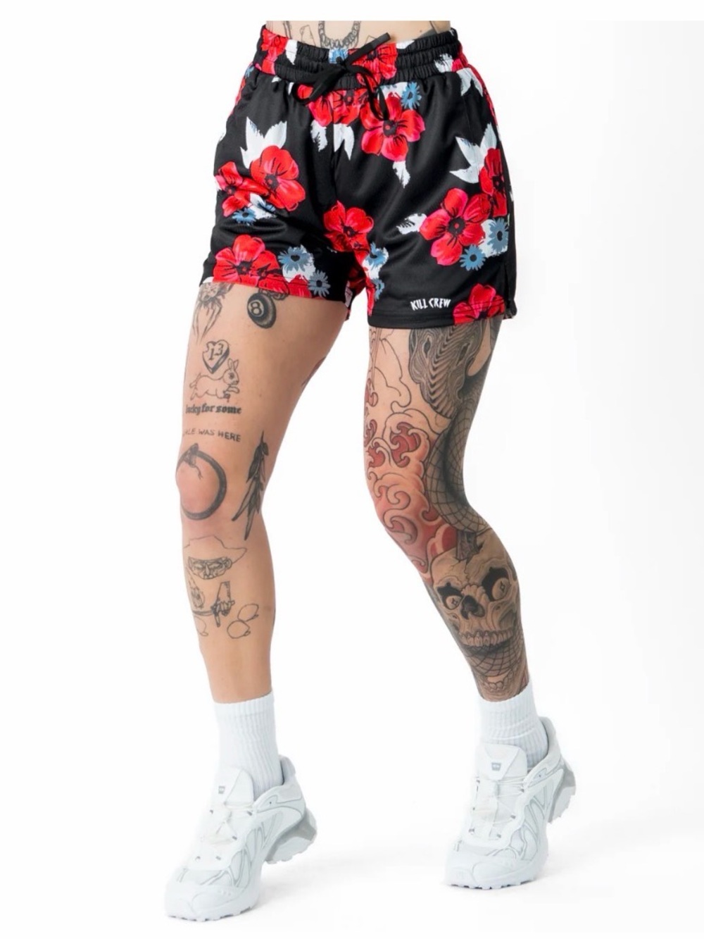 Kill Crew MUAY THAI SHORTS (MID THIGH CUT) FLORAL - BLACK Size Large